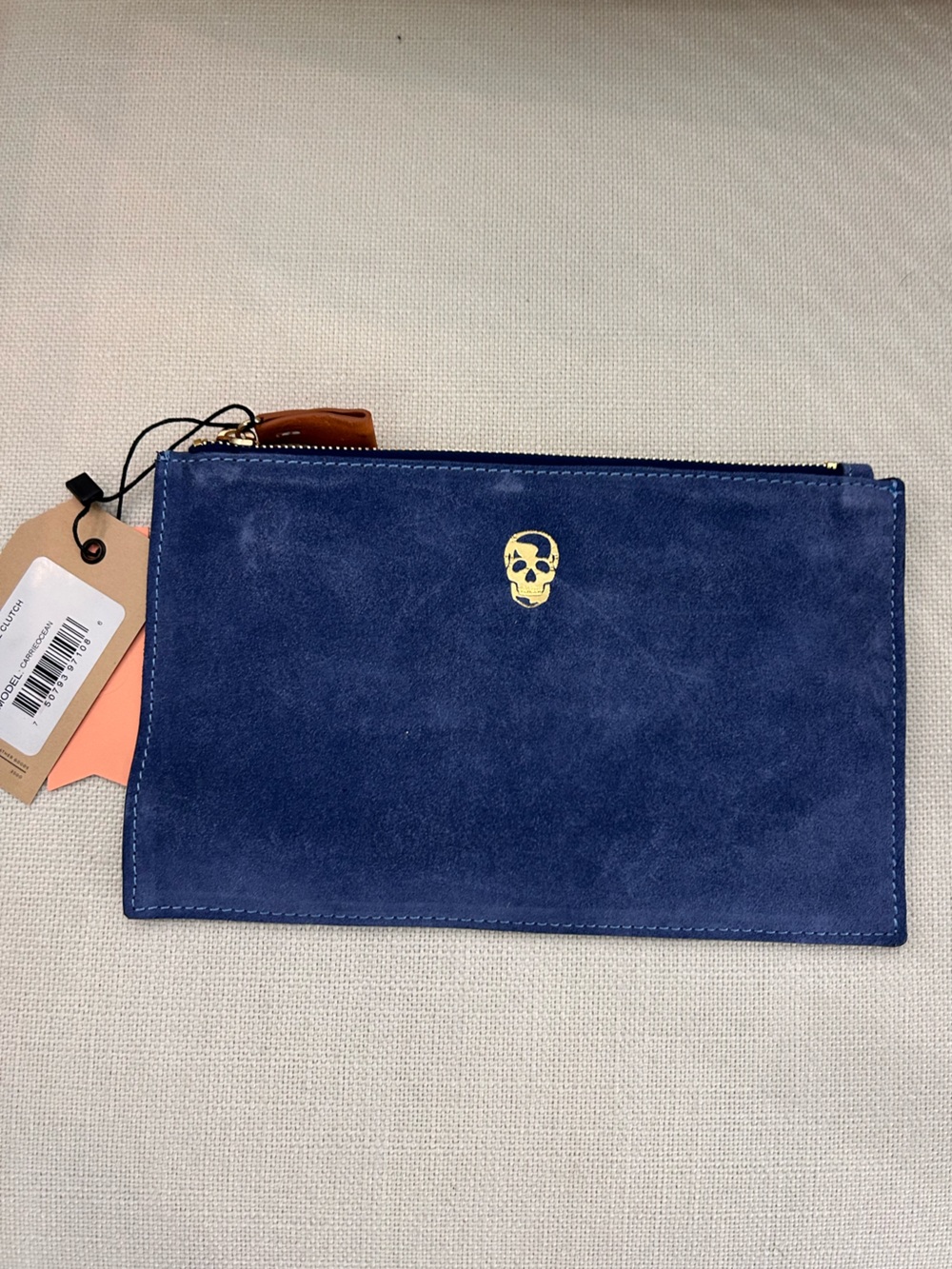 BLVD CA Navy Suede Zip Pouch /clutch with Gold Skull Accent